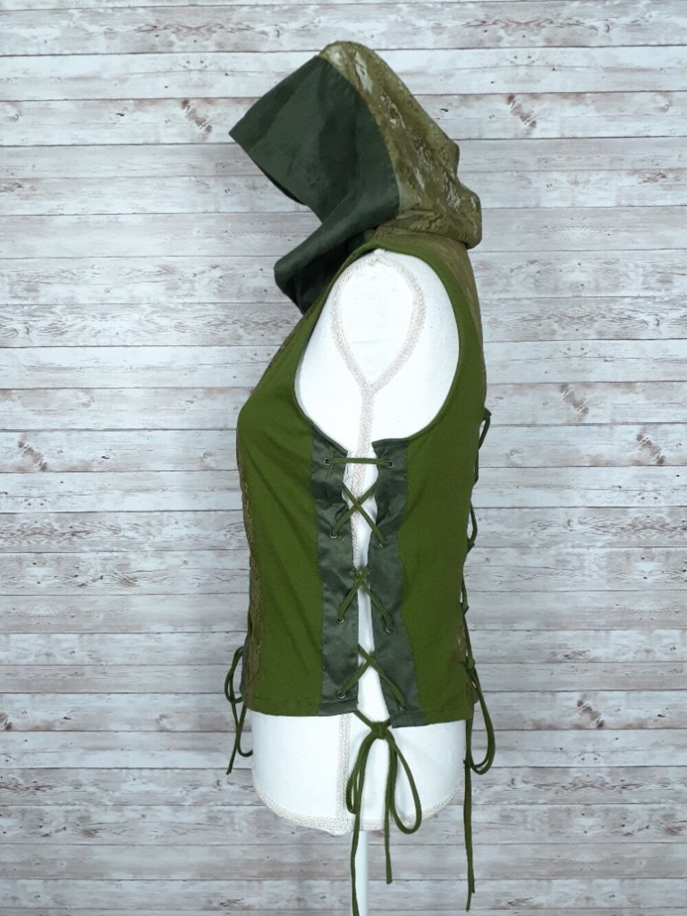 Earthbound Trading Fairy Vest S Hooded Lace Up Green Festival Ren Fair 959A - Picture 6 of 8